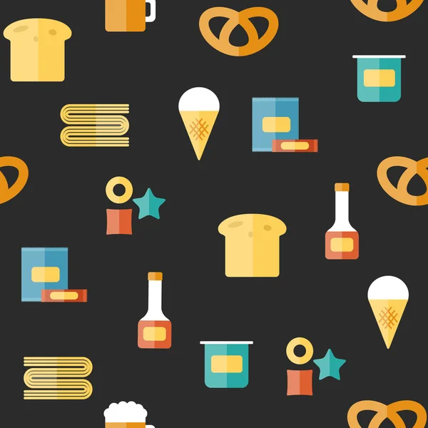 Naadloze achtergrond op gluten producten thema met vlakke objecten: brood, gebak, pasta, bier, yoghurt, ijs, droge ontbijt, ketchup en snack eten — Stockvector