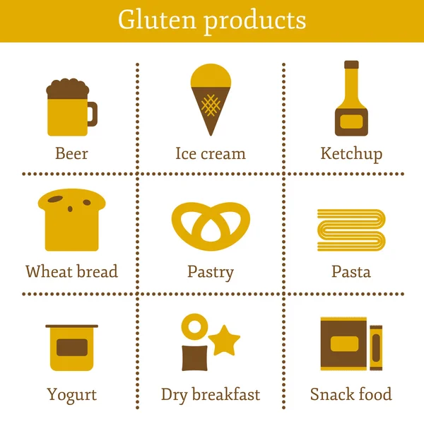 Ensemble d'icônes avec des produits allergiques au gluten : pain, pâtisserie, pâtes, bière, yaourt, crème glacée, petit déjeuner sec, ketchup et snack food — Image vectorielle