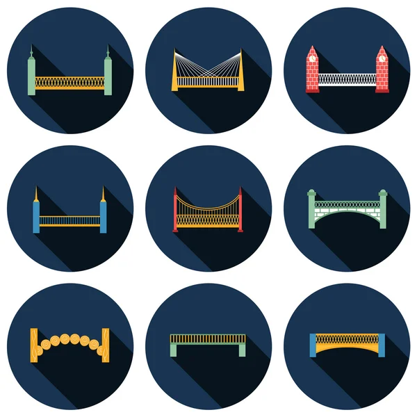 Set of isolated modern bridges flat icons with shadows — Stock Vector