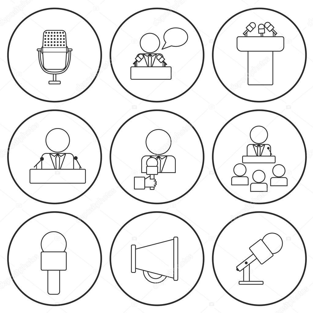 Set of isolated thin line icons on public speaking theme with people, microphones, speakers, tribunes for business presentation, seminar or conference