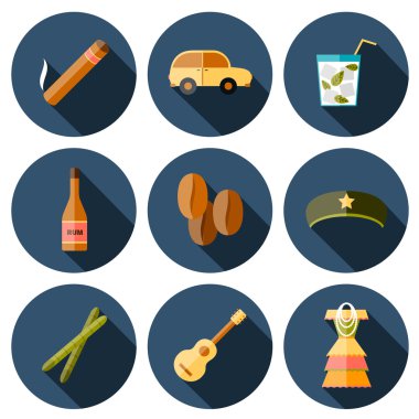 Set of flat colorful icons on Cuba theme