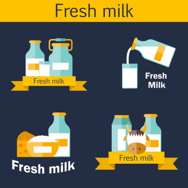 Set of cute flat templates for logos with milk products containing lactose: milk bottle, glass, cheese, cottage, cream, yogurt, cow. You can use it for your fresh milk design and lactose intolerance