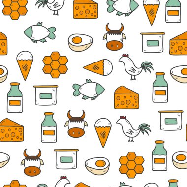 Seamless background with modern cute hand drawn objects with products containing animal protein and prohibited for vegans: milk, cheese, egg, yogurt, fish, ice cream, red meat, honey, poultry meat