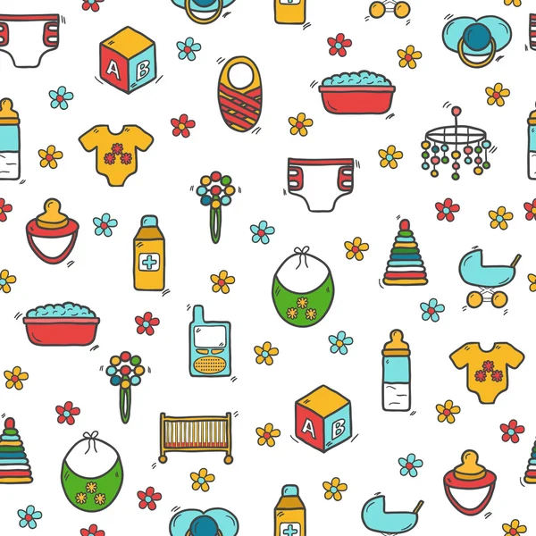 Seamless background with cute hand drawn objects on baby theme. Baby care concept with hand drawn objects: baby carriage, nipple, building blocks, baby crib, beanbag, diapers, baby monitor, baby bath