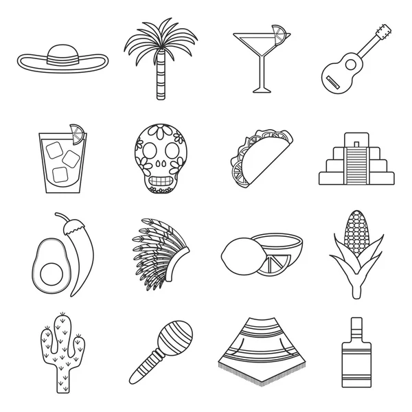 Set of flat outline icons on Mexica theme: sombrero, poncho, tequila, coctails, taco, skull, guitar, pyramid, avocado, lemon, chilli pepper, cactus, injun hat, palm. Isolated national mexican objects — Wektor stockowy