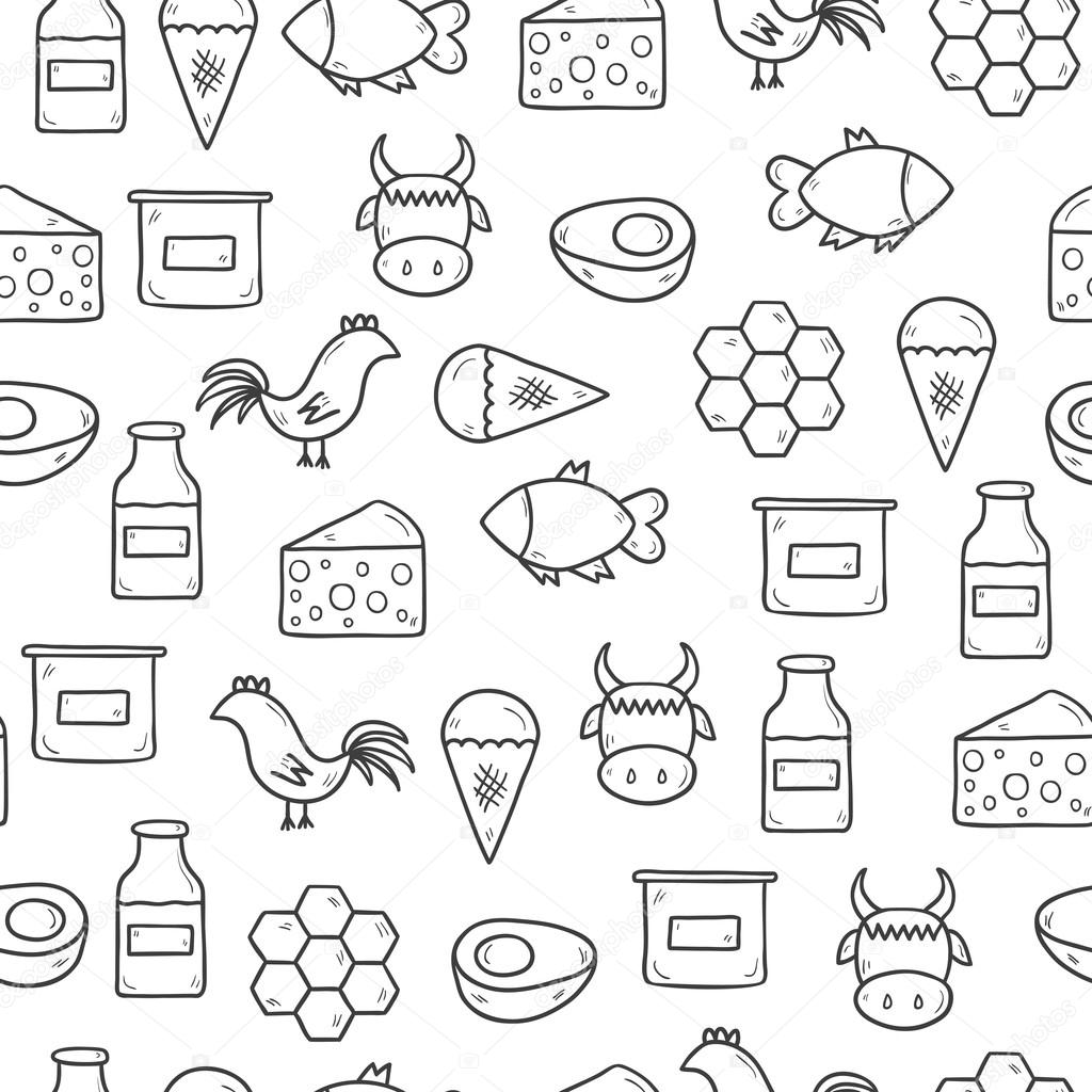 Seamless background with modern cute hand drawn outline objects with products containing animal protein and prohibited for vegans: milk, cheese, egg, yogurt, fish, ice cream, red meat, honey, poultry