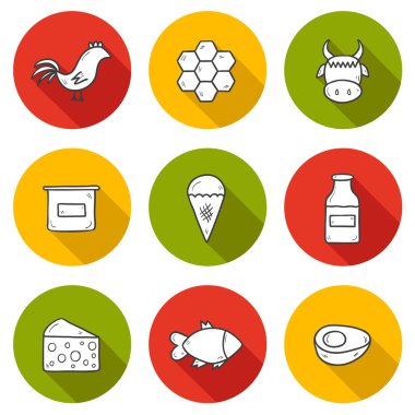 Set of modern hand drawn shadow outline icons with products containing animal protein and prohibited for vegans