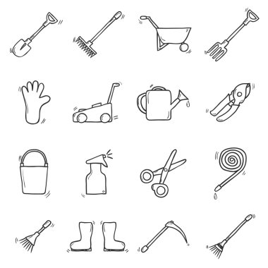 Set of cute hand drawn outline icons on garden theme. Outdoor concept with tools objects
