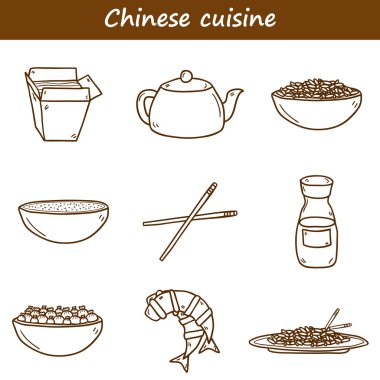 Set of cute modern hand drawn cartoon outline icons on chinese food theme