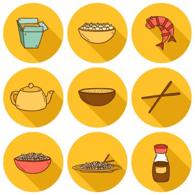 Set of cute modern hand drawn cartoon icons with shadow on chinese food theme