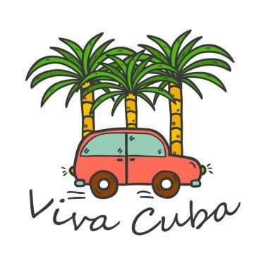 Vector illustration with hand drawn palms and vintage car. Travel or vacation concept