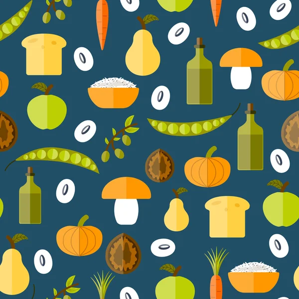 Modern vector seamless background with objects in flat shadow style on vegan food theme — 스톡 벡터