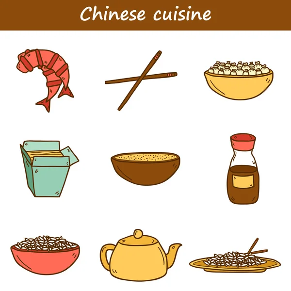 Set of cute modern hand drawn cartoon icons on chinese food theme — Stok Vektör