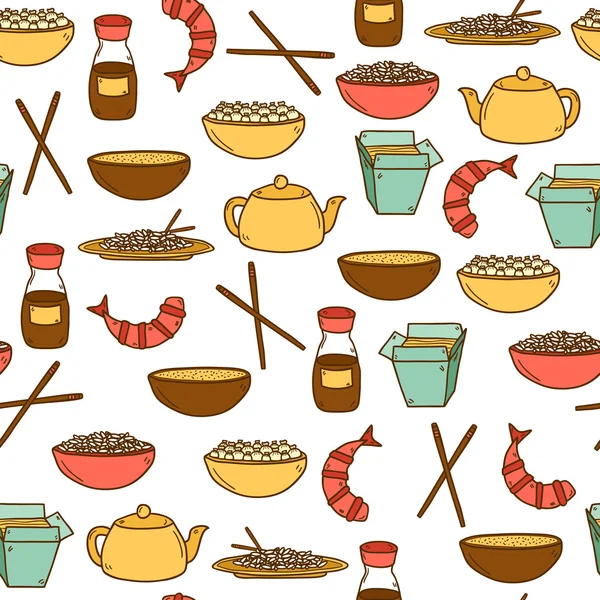 Fondo moderno sin costuras con objetos de dibujos animados dibujados a mano sobre el tema de la comida china — Archivo Imágenes Vectoriales