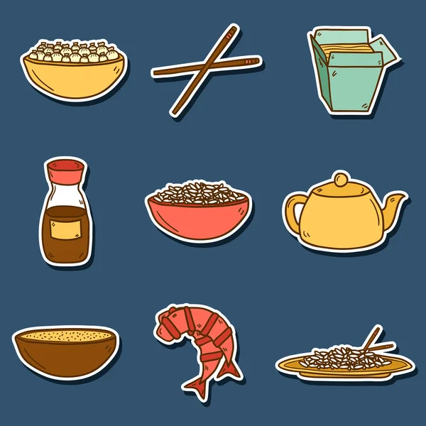 Jeu de stickers dessin animé moderne mignon dessiné à la main sur le thème de la nourriture chinoise — Image vectorielle