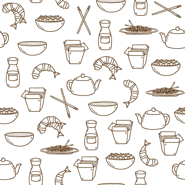 Seamless modern background with hand drawn cartoon outline objects on chinese food theme — Stok Vektör