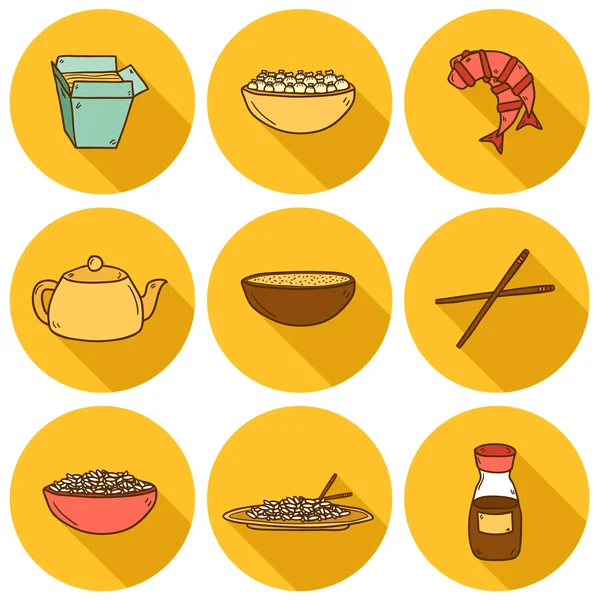 Set lucu modern tangan gambar ikon kartun dengan bayangan pada tema makanan Cina - Stok Vektor