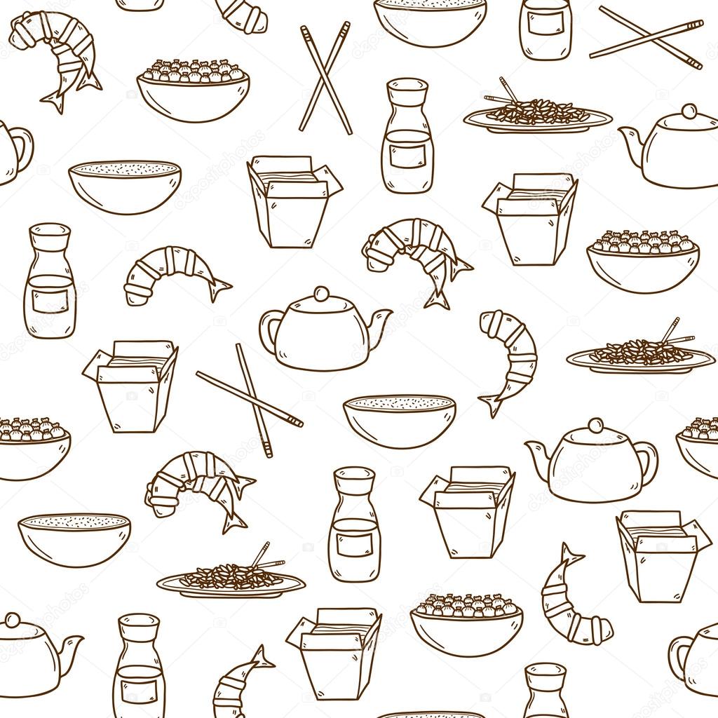 Seamless modern background with hand drawn cartoon outline objects on chinese food theme