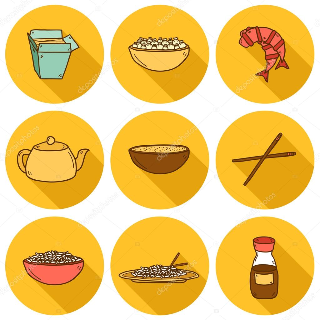 Set of cute modern hand drawn cartoon icons with shadow on chinese food theme