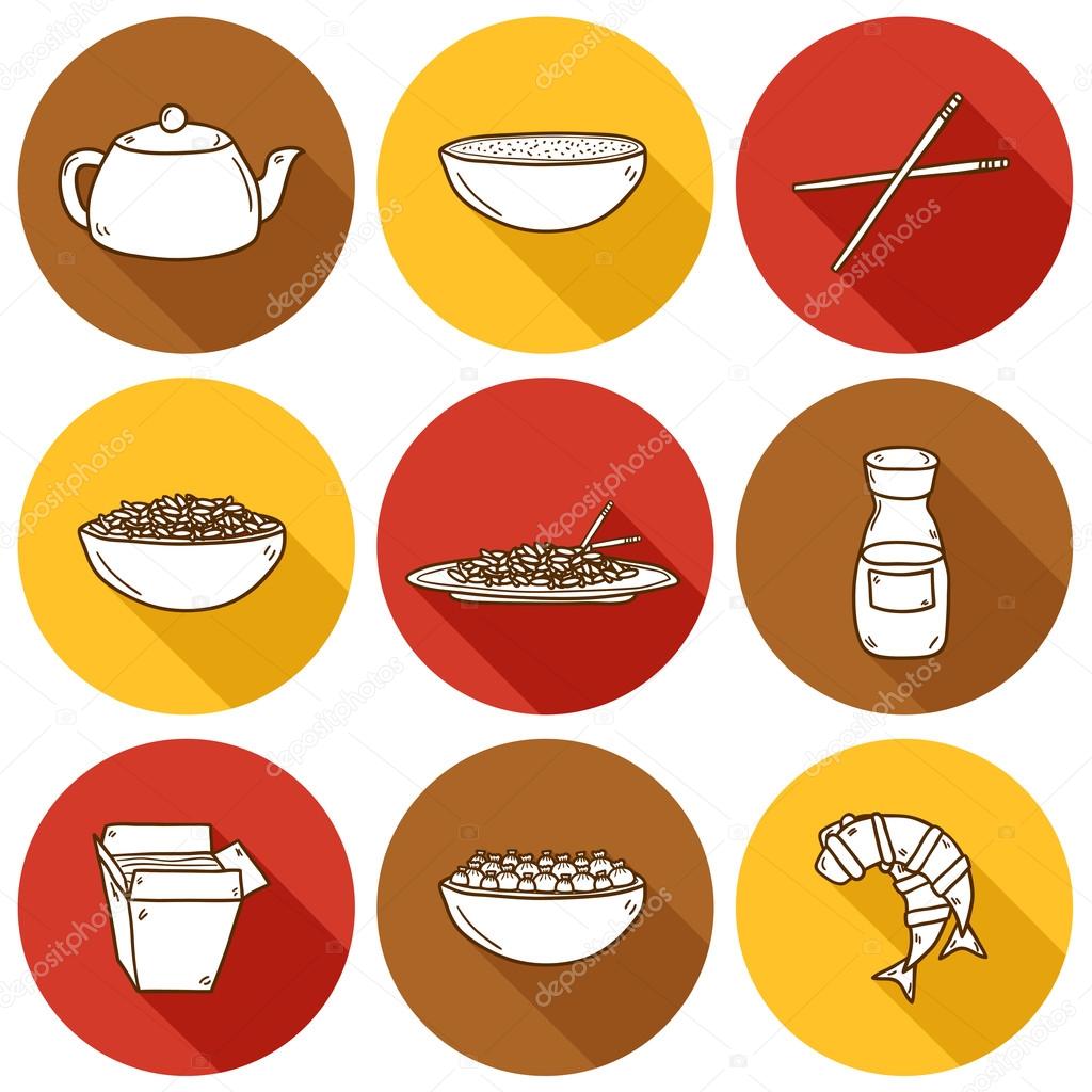 Set of cute modern hand drawn cartoon icons with shadow on chinese food theme