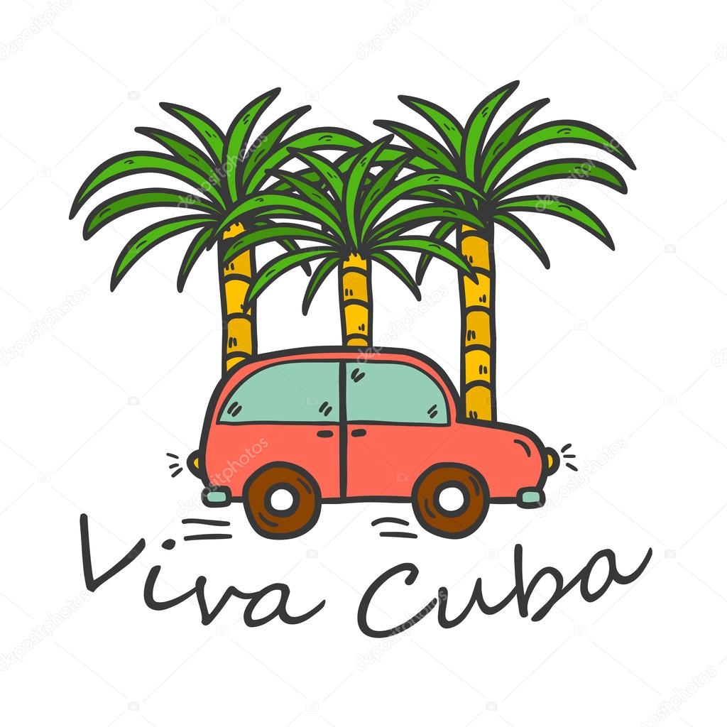 Vector illustration with hand drawn palms and vintage car. Travel or vacation concept. You can use it for logo, emblem or print in your work