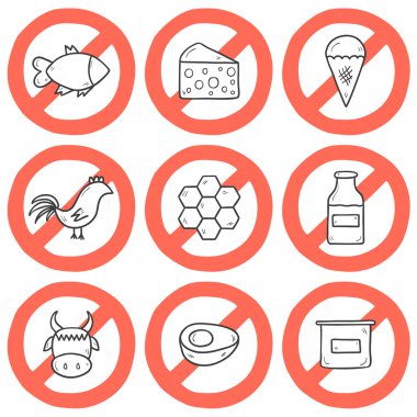 Set of modern cartoon outline hand drawn icons with products containing animal protein and prohibited for vegans
