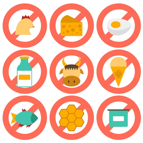 Set of modern flat icons with products containing animal protein and prohibited for vegans — Stock Vector