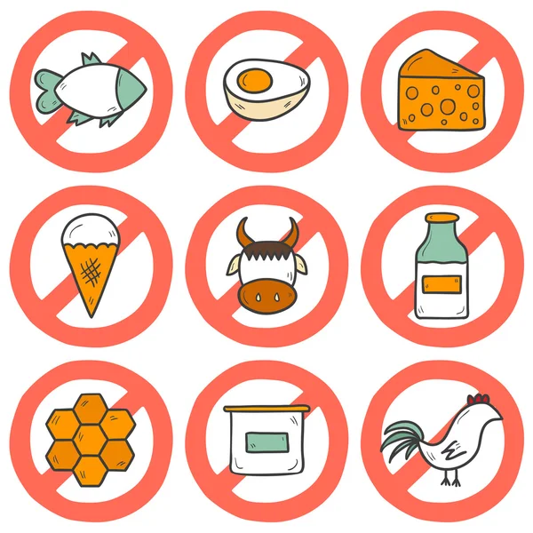 Set of modern cartoon hand drawn icons with products containing animal protein and prohibited for vegans — Stock Vector