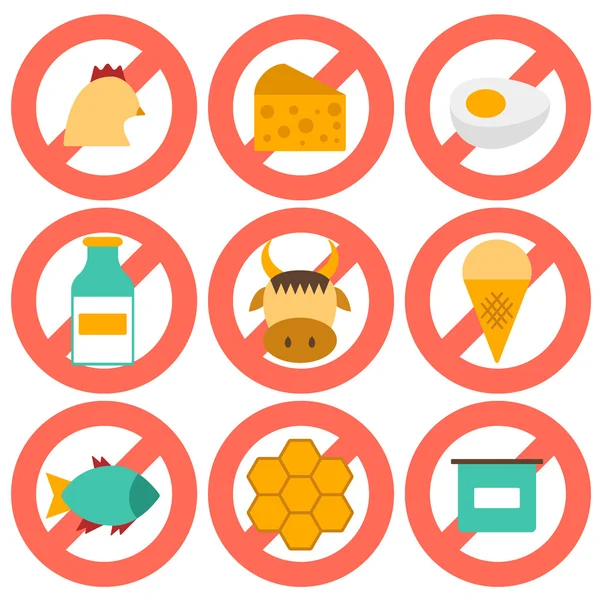 Set modern ikon datar dengan produk yang mengandung protein hewani dan dilarang untuk vegan - Stok Vektor