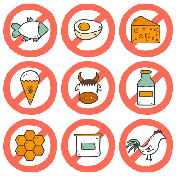 Set modern kartun tangan digambar ikon dengan produk yang mengandung protein hewani dan dilarang untuk vegan - Stok Vektor
