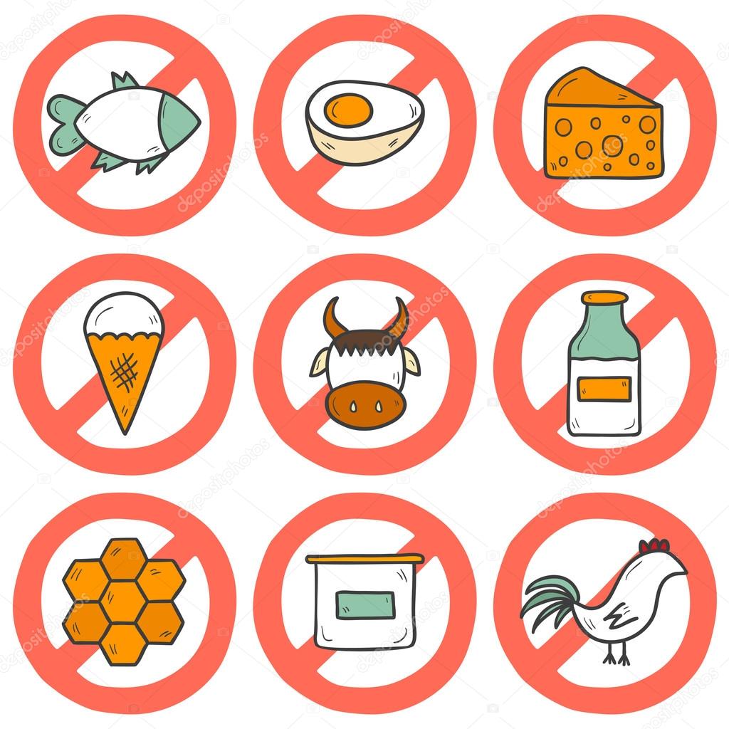 Set of modern cartoon hand drawn icons with products containing animal protein and prohibited for vegans