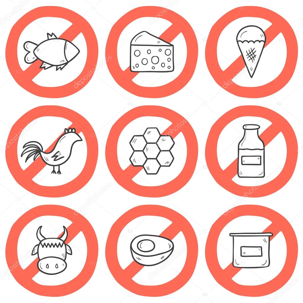 Set of modern cartoon outline hand drawn icons with products containing animal protein and prohibited for vegans