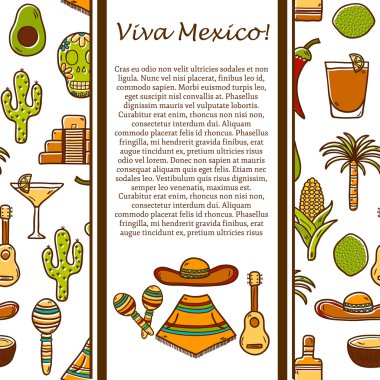 Vector card with cute hand drawn objects on Mexico theme: sombrero, poncho, tequila, coctails, taco, skull, guitar, pyramid, avocado, lemon, chilli pepper, cactus, injun hat, palm. Travel concept