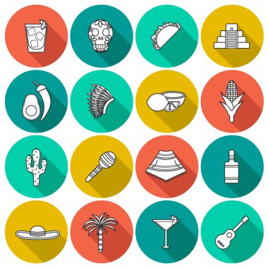 Set of flat outline shadow icons on Mexico theme: sombrero, poncho, tequila, coctails, taco, skull, guitar, pyramid, avocado, lemon, chilli pepper, cactus, injun hat, palm. Isolated national mexican