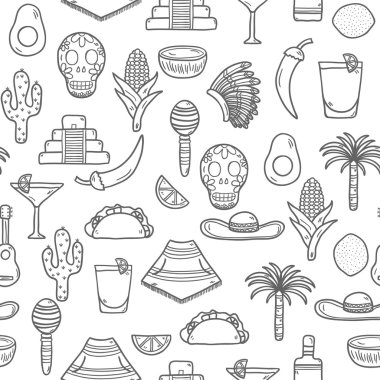 Seamless  background with cute hand drawn objects on Mexico theme: sombrero, poncho, tequila, coctails, taco, skull, guitar, pyramid, avocado, lemon, chilli pepper, cactus, injun hat, palm. Travel