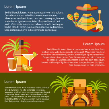 Vector travel concept with flat objects on Mexico theme: sombrero, poncho, tequila, coctails, taco, skull, guitar, pyramid, avocado, lemon, chilli pepper, cactus, injun hat, palm. National mexican