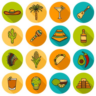 Set of cute hand drawn shadow icons on Mexico theme: sombrero, poncho, tequila, coctails, taco, skull, guitar, pyramid, avocado, lemon, chilli pepper, cactus, injun hat, palm. Isolated national