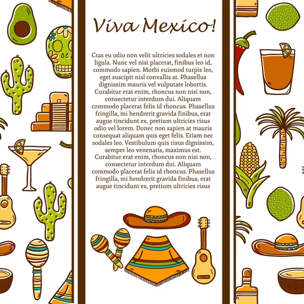 Vector card with cute hand drawn objects on Mexico theme: sombrero, poncho, tequila, coctails, taco, skull, guitar, pyramid, avocado, lemon, chilli pepper, cactus, injun hat, palm. Travel concept — ストックベクタ