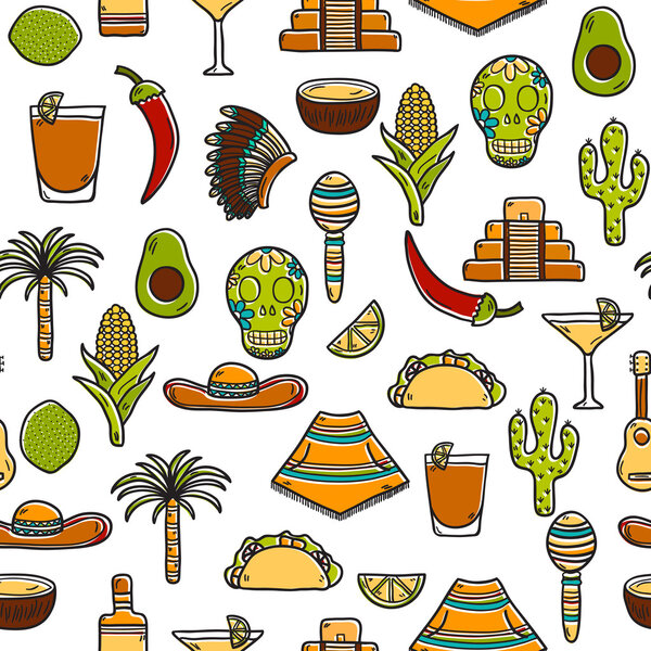 Seamless background with cute hand drawn objects on Mexico theme: sombrero, poncho, tequila, coctails, taco, skull, guitar, pyramid, avocado, lemon, chilli pepper, cactus, injun hat, palm. Travel
