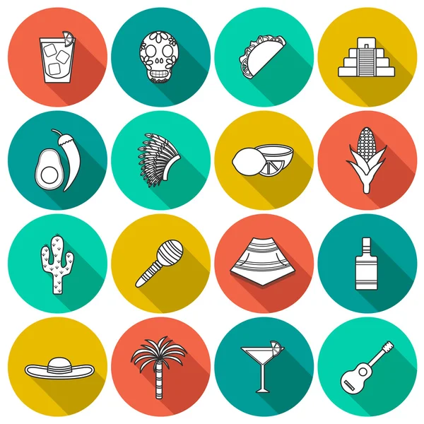 Set of flat outline shadow icons on Mexico theme: sombrero, poncho, tequila, coctails, taco, skull, guitar, pyramid, avocado, lemon, chilli pepper, cactus, injun hat, palm. Isolated national mexican — Wektor stockowy