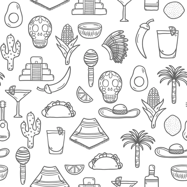 Seamless  background with cute hand drawn objects on Mexico theme: sombrero, poncho, tequila, coctails, taco, skull, guitar, pyramid, avocado, lemon, chilli pepper, cactus, injun hat, palm. Travel — Wektor stockowy