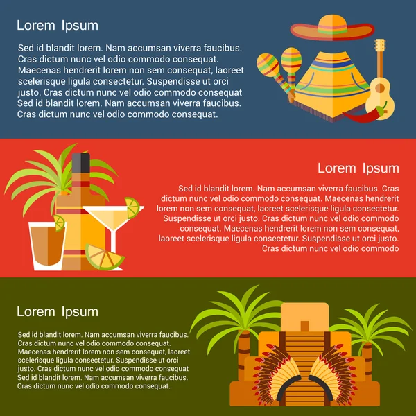 Vector travel concept with flat objects on Mexico theme: sombrero, poncho, tequila, coctails, taco, skull, guitar, pyramid, avocado, lemon, chilli pepper, cactus, injun hat, palm. National mexican — Stock vektor