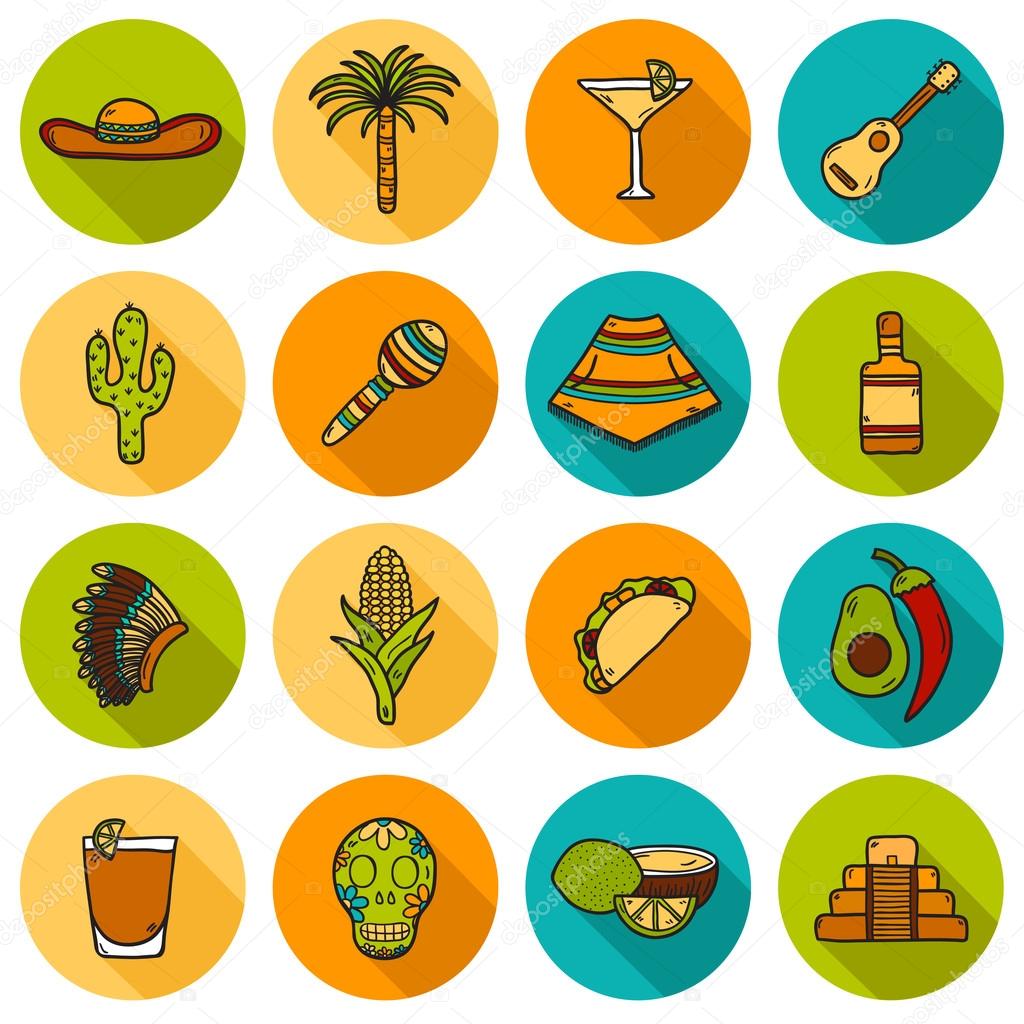 Set of cute hand drawn shadow icons on Mexico theme: sombrero, poncho, tequila, coctails, taco, skull, guitar, pyramid, avocado, lemon, chilli pepper, cactus, injun hat, palm. Isolated national