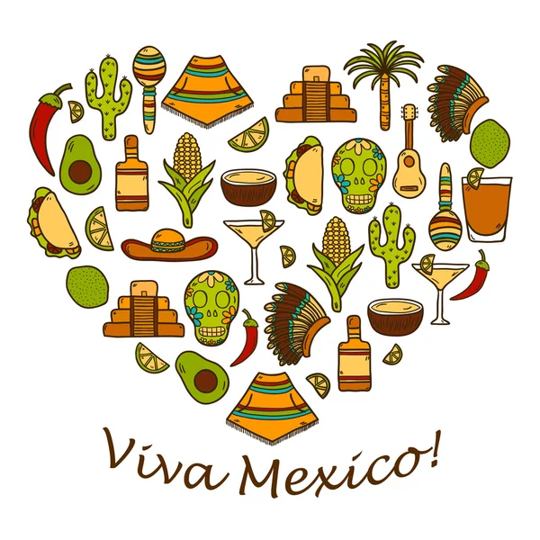 Векторный фон с милыми нарисованными руками предметами в форме сердца на тему Мексики: сомбреро, пончо, текила, коктейли, тако, череп, гитара, пирамида, авокадо, лимон, перец чили, кактус, шляпа индзя, пальма — стоковый вектор
