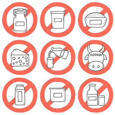 Set of modern cute cartoon hand drawn outline icons with products containing lactose