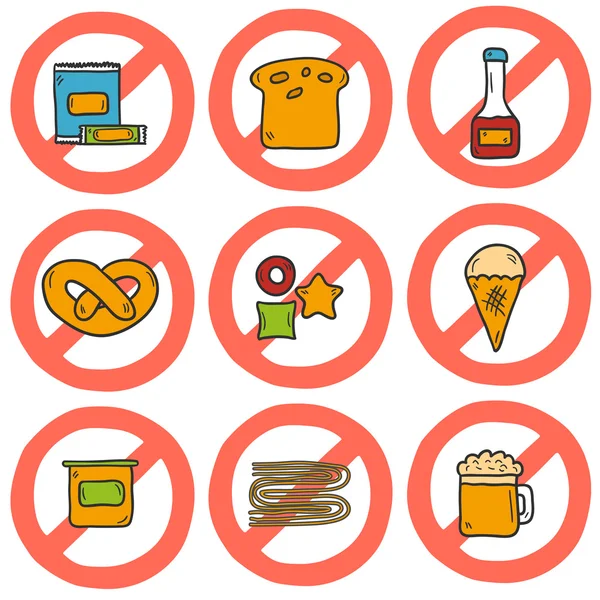 Set of cute cartoon hand drawn icons with allergic gluten products — Stock Vector