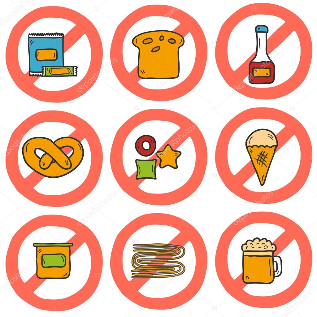 Set of cute cartoon hand drawn icons with allergic gluten products