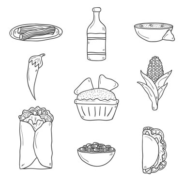 Set of cute cartoon hand drawn outline icons on mexican food theme: chili, taco. tobacco, birrito, nachos, tequila, rice. Travel mexicam cuisine concept, You can use it for your site, app, restaurant