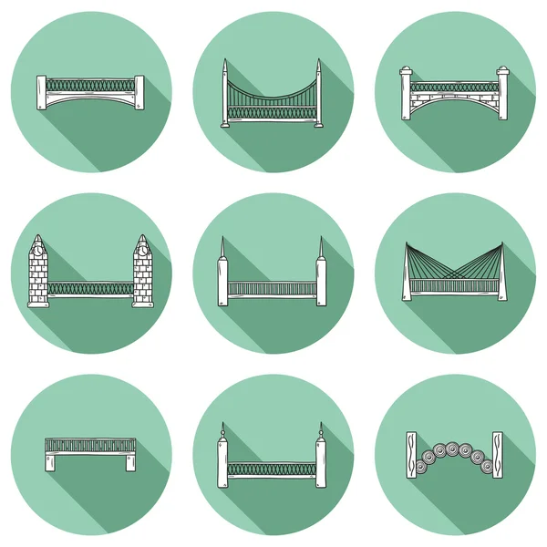 Set of simple cute cartoon outline hand drawn bridge icons with shadows. City and travel concept — Διανυσματικό Αρχείο
