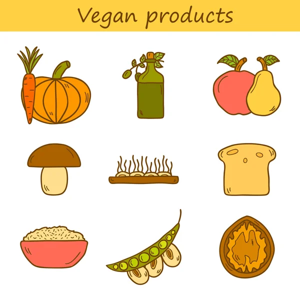 Set ikon modern dalam gaya gambar tangan pada tema makanan vegan - Stok Vektor